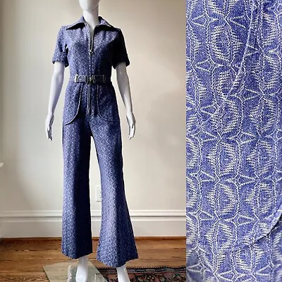 Vintage M L 70s Denim Jacquard Jumpsuit EUC O Ring Zipper Dagger Collar Wide Leg • $220