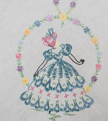 $7.99 • Buy Crinoline Ladies Vintage Hand Embroidered Tablecloth With Crochet