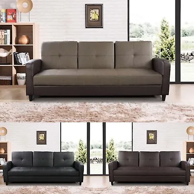 Sofa Bed Faux Leather With Cup Holder And Armrests 3 Seater Black Brown Ash Grey • £219.99