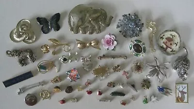 47 Vintage Pins Brooches Flower Gold Silver Jewelry Rhinestone Wear Crafts Lot • $39.99