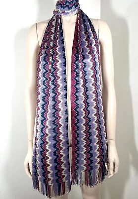 Missoni Orange Lable Purple Mauve Blue White Long Scarf Fringe Zig Zag Knit 84  • $95