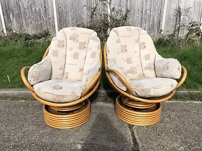 Bamboo Egg Rocking Swivel Wicker Cane Tub Chairs X 2 W Cushions Vtg  Mid Century • £299.99