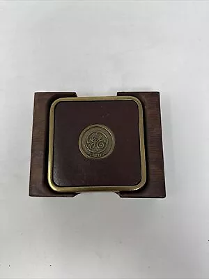 Vintage Coasters Brass And Leather With GE Plastics Logo In Wooden Holder Heavy • $75