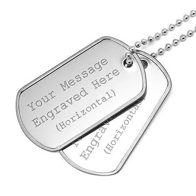 2 Army Style Engraved Light Steel Dog Tags & Chain Medical Name ID Gamers Clan • £11.95