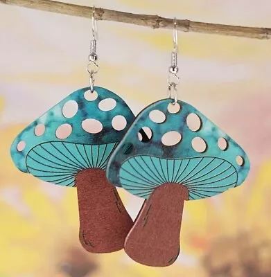 Retro Turquoise Mushroom Wooden Earrings With Double -Sided Printing • $6.25