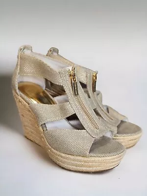 Michael Kors Berkley Canvas Zip Up Wedge Platform Sandal Size 6 In Gold • $20