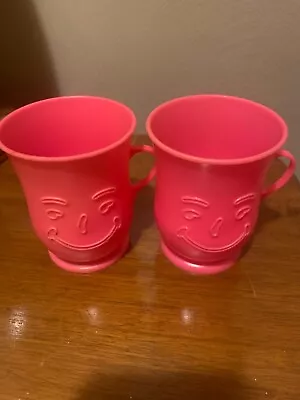 2 Vtg Kool Aid Man Pink Plastic Cups Mugs With Handles - Neon Pink Hot Pink Cups • $10