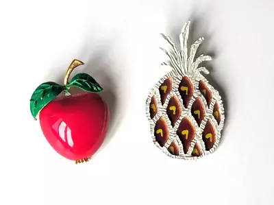 Vintage Jewelry Lot Brooch Pin Fruit Apple Pineapple White Enamel • $18.99