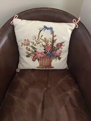 Lovely Vintage Aubusson Needlepoint Floral Tapestry Cushion With Beading & Bows • £33