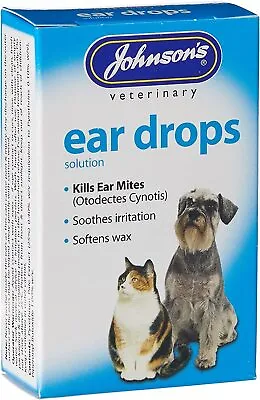 Johnsons Dog Cat Ear Drops Soothes Itching Wax Infection Kills Mites - 15ml • £4.95