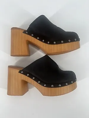 MIA Women's Black Nubuck Novi Retro MOD Platform Clogs Heels Shoes Sz 7.5 • $42.99