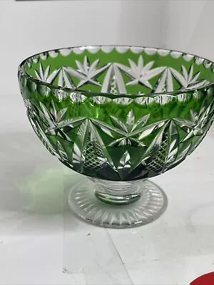 Vintage Bohemian Emerald Green Cut To Clear Crystal Bowl CANDY DISH - MJ Design • $0.99