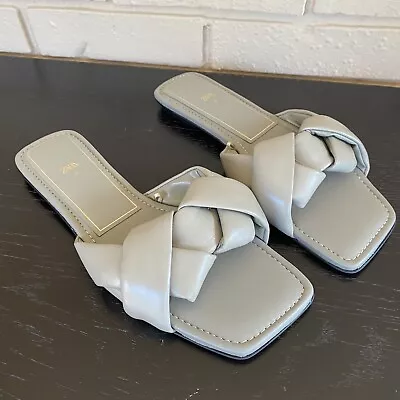 $29.99 • Buy Zara Women’s Gray Leather Woven Sandals Slides Square Toe Size 39