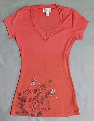 ED HARDY Women's T-shirt Flower Print Front Back Rhinestones Off Red Size XS • £19.27