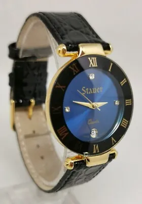 Stauer Minuit Swiss Made Swarovski Crystal 33mm Gold Plated Gents Watch RRP £279 • £85