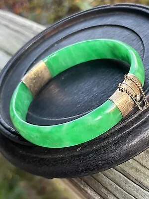 Vintage Chinese 14k Gold Green Jadeite Jade Hinged Bangle Bracelet 37.6g / 60mm • $59.90