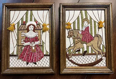 Vintage Pair Framed Hand Embroidered Victorian Boy & Girl Pictures (horse Doll) • $20