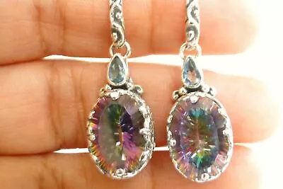 Mystic Topaz Two Stone Ornate 925 Sterling Silver Dangle Drop Earrings • $79