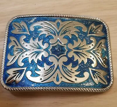 Blue And Silver Colored Metal Belt Buckle  Unknown Maker 3.5 X 2.5 Inches ... • $10.99