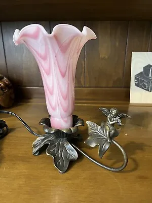 Vintage Art Nouveau Lily Lamp Pink Handblown Shade With Cherub On Side • $62.50