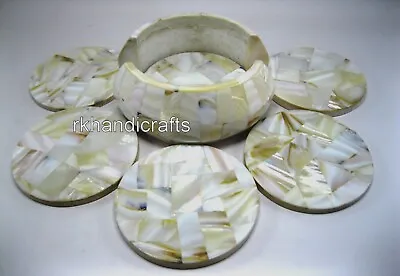 4.5 Inches Mother Of Pearl Overlay Work Beer Coaster Marble Coffee Coaster Set • $127.31