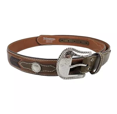 Nocona Western Brown Leather Belt Sz 46 Silver Buckle & Inlay Buttons Cowboy  • $22.99