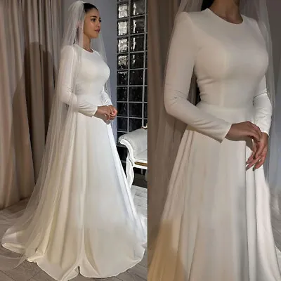 Ivory Satin Wedding Dresses For Bride Long Sleeve O Neck A Line Dubai Muslim • $145.30