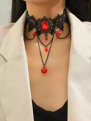 Red BLK LACE Rose Rockabilly Choker Necklace Gothic Steampunk HALLOWEEN COSTUME • $4