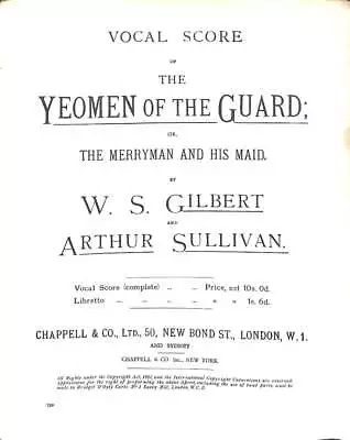 VOCAL SCORE THE YEOMEN OF THE GUARD Gilbert W S; Sullivan Arthur Good Condit • £3.61