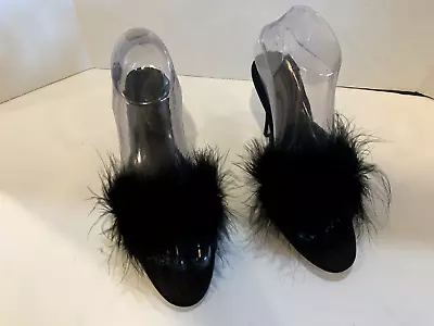 Vtg Black Fredericks Of Hollywood  Heel Marabou Slippers 4  Sexy Heels Sz 7 NEW • $49.99