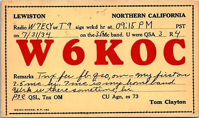 1934 W6KOC Lewiston California Ham Radio Amateur QSL Card Postcard Vtg • $11.96