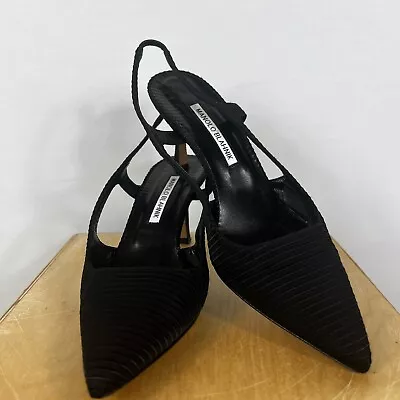 Manolo Blahnik Ribbed Silk Cut-Out Accent Slingback Pumps~39/8~EUC! • $150