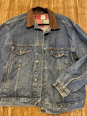 Marlboro Blue Jean Trucker Jacket Vintage 80s Size L S19 Leather Collar • $58