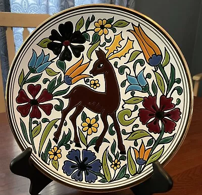 Hand Made Painted DECORATIVE FLORAL DEER PLATE Manousakis-Keramik-Rodos Greece • $20