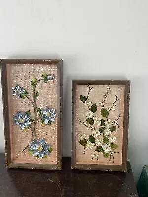 Vintage Mid Century Sea Shell Folk Art Pair Framed Wall Floral Pictures Decor • $57