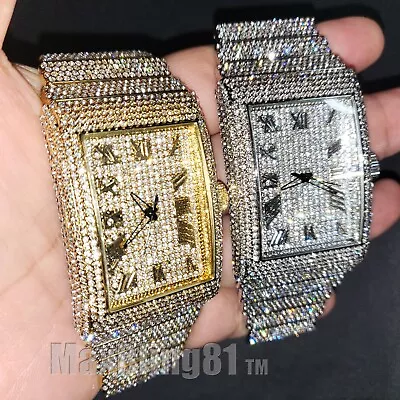 Men Full Iced Band Simulated Diamond Gold Silver Finish Hip Hop Metal Icy Watch • $78.99