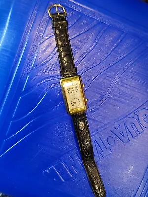 Vintage 1990 Women's GUESS Dual Time Double Dial Gold Tone Watch Leather Band • $20