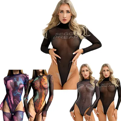 Women Mesh Sheer Turtleneck Bodysuit Top Sexy See Through Thong Leotard Clubwear • $11.96
