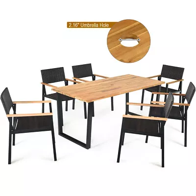 7PCS Outdoor Patio Rattan Dining Chair Table Set Solid Wood Frame Umbrella Hole • $439.99