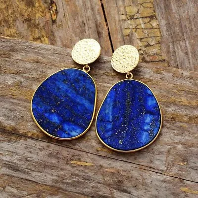 Genuine Lapis Lazuli Dark Blue Gold Slab Dangle Healing Chakra Women Earrings • $13.90