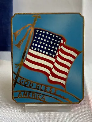 Vtg God Bless America Compact Mirrored Enamel Flag Powder Box Makeup Case Vanity • $49.95