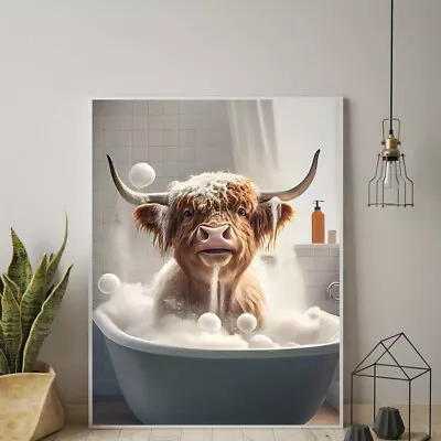 1pc Cute Highland Cow Bath Picture Canvas PrintBubble Bath 30x20cm • £7