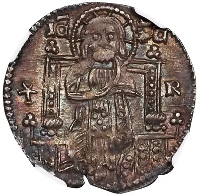 NGC AU58 ITALY Venice Doge Antonio Venier 1382-1400 Silver Jesus Grosso Coin • $177.99