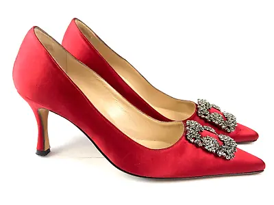 Manolo Blahnik Red Silk Satin Hangisi (80mm) Crystal Buckle Pumps Sz 38.5 • $390