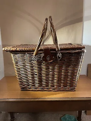 Vintage Woven Wicker Picnic Basket/Suitcase With Leather Handle & Straps • $33.15