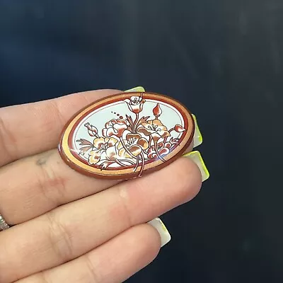 Vintage SIGNED MICHAELA FREY Cinnamon Enamel White Floral Brooch • $24.95