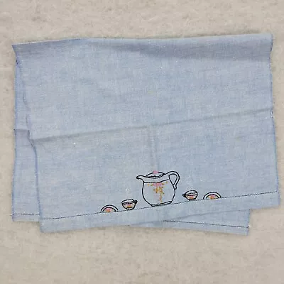 VTG Kitchen Tea Towel Embroidered Tea Cup Steam Linen MCM Boho Retro Mod Blue  • $12.99