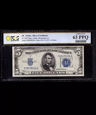 1934 A $5 Dollar Bill Silver Certificate Note Uncirculated PCGS Grade 63 PPQ • $129.50