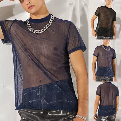 Men's See Through Mesh Short Sleeve T Shirts Clubwear Party Slim Fit Blouse Tops • £7.87