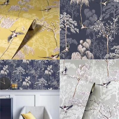 Arthouse Japanese Oriental Garden Wallpaper Trees Blossoms Swallow Birds Floral • £15.99